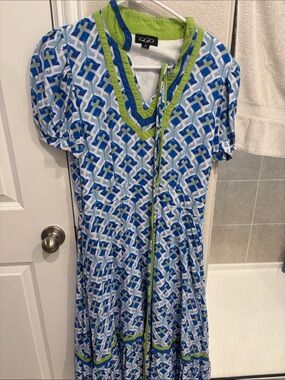 G.GIO Blue and Green Printed Casual Dress